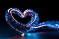 Glowing heart shape formed by luminous blue and pink light trails against dark background, magical sparkles and bokeh effects create romantic atmosphere.