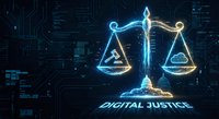 Digital justice scales glowing with blue light against futuristic technology background with circuit patterns and data streams for legal tech concepts.