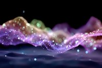 Magical glowing waves with sparkling particles and bokeh lights in purple, gold and blue colors against dark background create dreamy abstract composition.