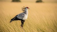 Secretary bird standing in golden grassland savanna with distinctive crest feathers raised, showcasing African wildlife in natural habitat for conservation projects.