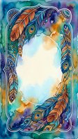 Watercolor feather frame with peacock plumes and tribal patterns creating decorative border on colorful background for bohemian design projects.