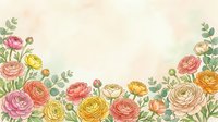 Watercolor floral border with colorful ranunculus flowers and eucalyptus leaves on cream background for wedding invitations and romantic designs.