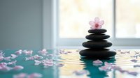 Zen spa stones balanced with pink cherry blossom flower on water surface near window. Peaceful meditation and wellness therapy concept for relaxation.
