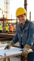 Smiling female construction worker in yellow hard hat reviewing blueprints at building site with team in background during golden hour sunset.