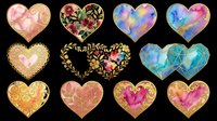 Decorative heart shapes with gold frames, floral patterns, watercolor textures, and gradient backgrounds isolated on transparent background. Ready for t-shirt designs, stickers, clipart, sublimation, and print-on-demand products.