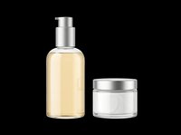 Liquid soap or facial cleanser in pump bottle with cream jar, both with silver metallic caps, isolated on transparent background ready for beauty product packaging, cosmetics marketing, skincare branding, and design projects.