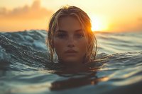 Young blonde woman swimming in ocean waves during golden sunset, wet hair glistening in warm sunlight, dramatic close-up portrait capturing serene summer moment.