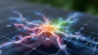 Colorful glowing neural network visualization with electric connections on dark background showing artificial intelligence and machine learning concept.