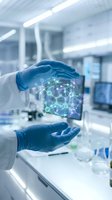 Scientist hands in blue gloves holding glowing molecular structure in modern laboratory for biotechnology research and pharmaceutical development.