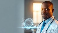 African American male doctor in white coat with stethoscope presenting holographic brain model in modern medical facility for healthcare technology concepts.