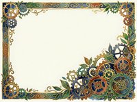 Steampunk ornamental frame with gears, cogs, and botanical elements in gold, copper, and green tones on cream background.