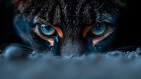 Close-up portrait of domestic cat with striking blue eyes resting on soft blue blanket. Feline pet photography for animal lovers and veterinary concepts.