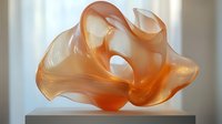 Abstract orange glass sculpture with flowing organic curves on white pedestal in modern interior space for contemporary art and design projects.