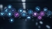 Digital technology network with hexagonal icons representing cloud computing, cybersecurity, data analytics and IT infrastructure on dark background.
