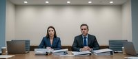 Professional business meeting with confident woman and man executives sitting at conference table in modern office boardroom discussing corporate strategy.