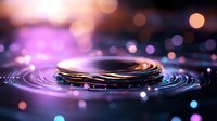 Liquid metal ring creating ripples in water with glowing purple and orange bokeh lights, suitable for tech, innovation, and abstract design projects.