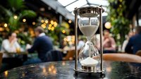 Vintage hourglass with white sand on restaurant table with blurred diners and warm bokeh lights creating cozy dining atmosphere for time management concepts.