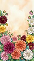 Colorful dahlia flowers frame with watercolor background for greeting cards, invitations and floral design projects with copy space for text.