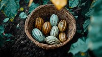 Fresh striped cacao pods in woven basket against dark soil and green foliage background, natural food photography with moody lighting and rich colors.