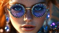 Young woman wearing ornate round sunglasses with crystal embellishments and blue lenses, close up portrait with dreamy magical atmosphere and glitter details.