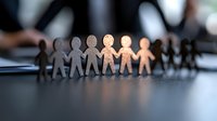 Paper cutout figures holding hands in row with center figures illuminated, symbolizing leadership, unity and teamwork concept on dark background.