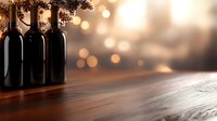 Wine bottles on rustic wooden table against blurred warm bokeh background, creating atmospheric mood for restaurant, bar or winery promotion.
