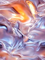 Abstract fluid art with flowing metallic orange and blue waves creating dynamic motion effect. Luminous light streams through liquid metal surface.