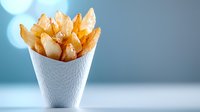 Golden crispy french fries in white textured paper cone against blurred blue background with bokeh lights, fresh hot potato snack for fast food menu.
