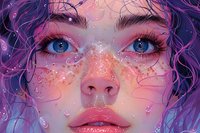 Close up portrait with bright blue eyes, pink freckles, and purple curly hair surrounded by magical sparkles and water drops creating dreamy fantasy atmosphere.