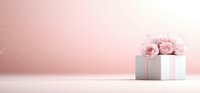 Elegant white gift box decorated with pink roses on soft pink background with bokeh lights, romantic holiday celebration concept for weddings and anniversaries.