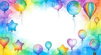 Watercolor rainbow balloons frame with colorful stars, hearts, and hot air balloon on bright background, copy space for celebration design.