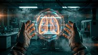 Hands holding glowing digital lungs hologram in futuristic medical laboratory environment with technology interface and data visualization for healthcare innovation.