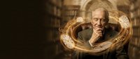 Elderly Caucasian man in contemplative pose surrounded by floating vintage clocks in warm sepia tones representing time passage and aging wisdom concept.