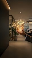 Businessman holding glowing holographic gear icon with innovation and technology symbols in modern office environment, representing digital transformation and business solutions.