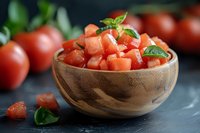 Fresh diced tomatoes with basil leaves in wooden bowl on dark background, close up view of chopped red tomato salad for cooking or garnish.