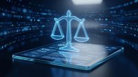 Digital justice scales hologram on futuristic platform with binary code background representing legal technology, cyber law, and digital transformation in judiciary system.