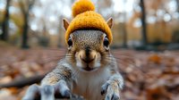 Curious squirrel wearing yellow knit winter hat with pom pom looking directly at camera in autumn park setting with fallen leaves and bokeh background.