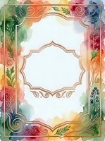 Ornate decorative frame with watercolor rainbow gradient background, botanical leaf flourishes, and ornamental scrollwork border isolated on white for design projects, invitations, and greeting cards.
