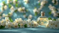 Bottle of golden fragrance surrounded by fresh white blossoms on blue surface, ideal for cosmetics, perfume, and beauty product marketing campaigns.