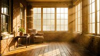 Sunlit loft interior with large windows, wooden floors, and brick walls featuring a comfortable chair and small table, suitable for residential design and architectural projects.