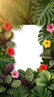Tropical frame with vibrant hibiscus flowers and lush palm leaves creating natural border on white background for summer design projects.