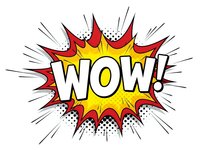 Comic book style WOW exclamation burst with red and yellow explosion effects on white background for graphic design projects.