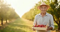 Senior male farmer with weathered features and light skin tone holding wooden crate of fresh red cherries in orchard during golden hour harvest season for agricultural and farming industry use.