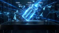 Futuristic blue glowing battery with energy lightning bolts and geometric fragments on dark tech background for renewable power concepts.