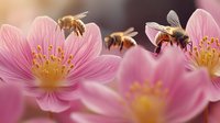 Honey bees collecting nectar from delicate pink cosmos flowers in garden setting, macro photography shows detailed wings and pollen-covered legs against soft blurred background.