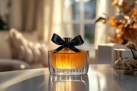 Elegant glass perfume bottle with black bow on reflective surface, glowing amber liquid inside, soft natural window lighting creates luxury atmosphere.