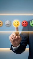 Businessman selecting happy emoji face from row of emotion feedback icons for customer satisfaction survey and service rating.