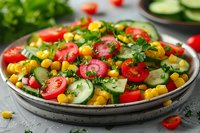 Fresh summer salad with cherry tomatoes, sliced cucumbers, sweet corn, and herbs served on ceramic plate, perfect for healthy eating lifestyle and menu photography.