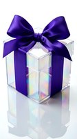 Elegant transparent gift box with purple satin ribbon bow isolated on white background for holiday celebrations and special occasions.