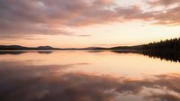 Serene lake at sunset with mirror-like water reflecting golden and pink clouds, forested shoreline, and distant mountains creating a tranquil landscape scene.